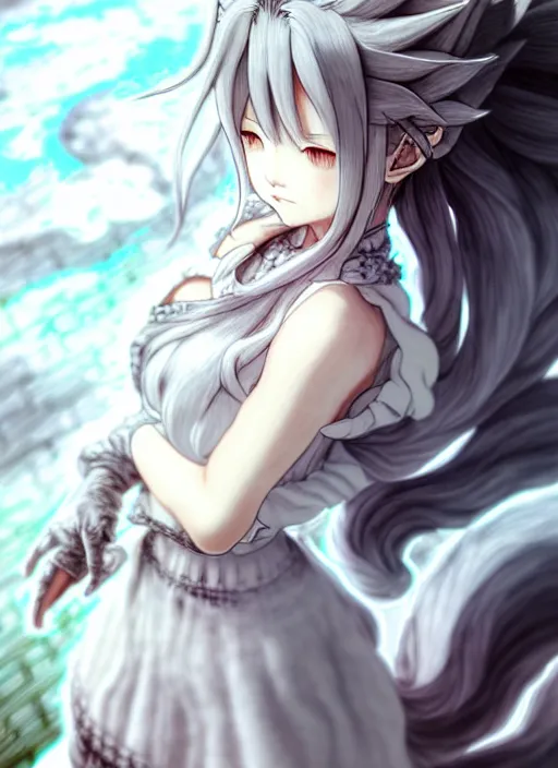 Prompt: a portrait of nekomimi wearing white dress an ultrafine detailed painting, detailed painting, detailed eyes!!, final fantasy octopath traveler lovecraft no hands ghibly