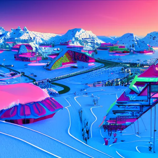 Image similar to psychedelic ski resort, concept art, architectural plans, synthwave, 4k render