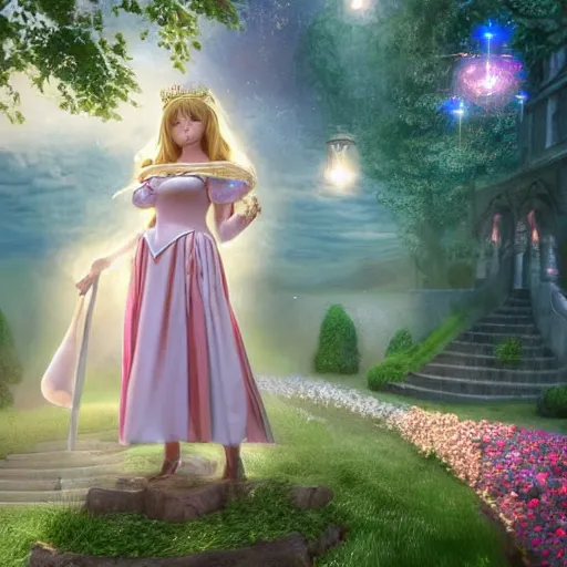 Image similar to a very detailed, ultra-realistic, pleasant, beautiful, funny, smooth 3D CG render, semirealistic anime style, close-up of a gorgeous, cute, gentle, noble priestess magician princess girl wearing dress and jewelry, in a glorious magic kingdom with castle and walls, relaxing calm vibes, fairytale, octane render