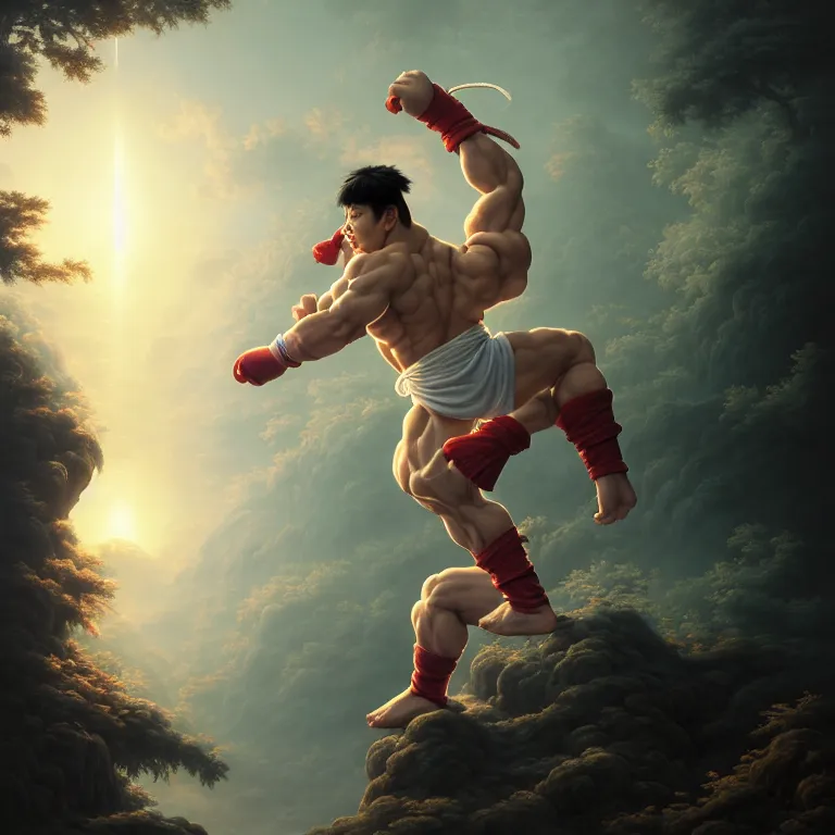 Prompt: ryu from street fighter in japan, dream - like atmosphere, symmetrical baroque painting, perfect composition, beautiful detailed intricate insanely detailed octane render trending on artstation, 8 k artistic photography, photorealistic, soft natural volumetric cinematic perfect light, chiaroscuro, award - winning photograph, masterpiece, raphael, caravaggio, greg rutkowski, beeple
