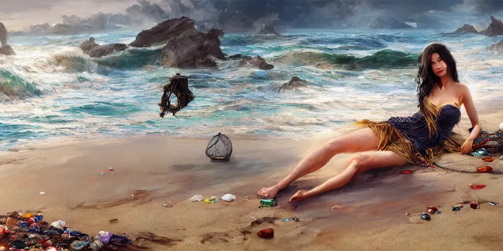 Image similar to ! dream photorealistic long shot of big sun rough sea and jagged rocks, nets, plastic bottles, garbage, sand and sea, golden hour, dark mystical goddess wearing a qipao, cheongsam, environmental, fantasy, atmospheric, hyper realistic, artstation, art by artgerm, andres rodriguez and john william waterhouse