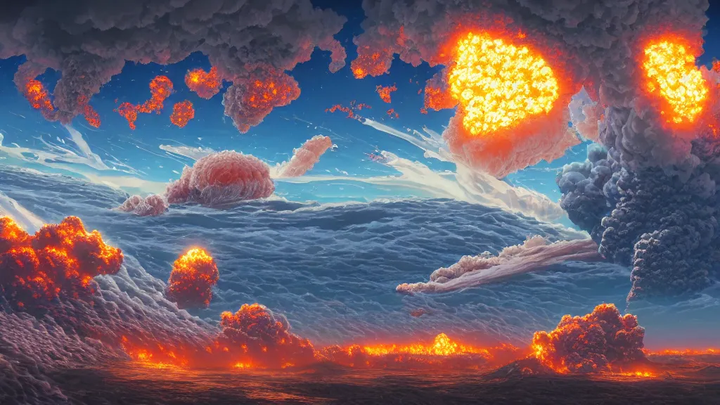 Prompt: highly detailed illustration of an stomic bomb explosion and lots of high exposure cummulonimbus clouds and active volcanos by makoto shinkai, by oliver vernon, by joseph moncada, by damon soule, by manabu ikeda, by kyle hotz, by dan mumford, by otomo, 4 k resolution