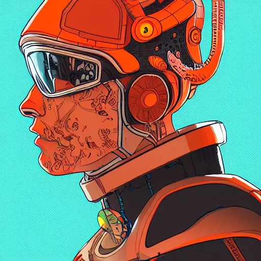 Prompt: hyper detailed comic illustration of a cyberpunk mixed race boy wearing a futuristic orange visor and a gorpcore jacket, markings on his face, mullet, by Josan Gonzalez and Geof Darrow, intricate details, vibrant, solid background