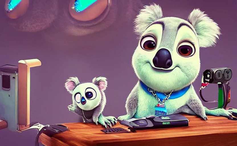 Image similar to “ one cute koala with very big eyes, wearing a bandana and chain, holding a laser gun, standing on a desk, digital art, award winning, in the style of the movie zootopia ”