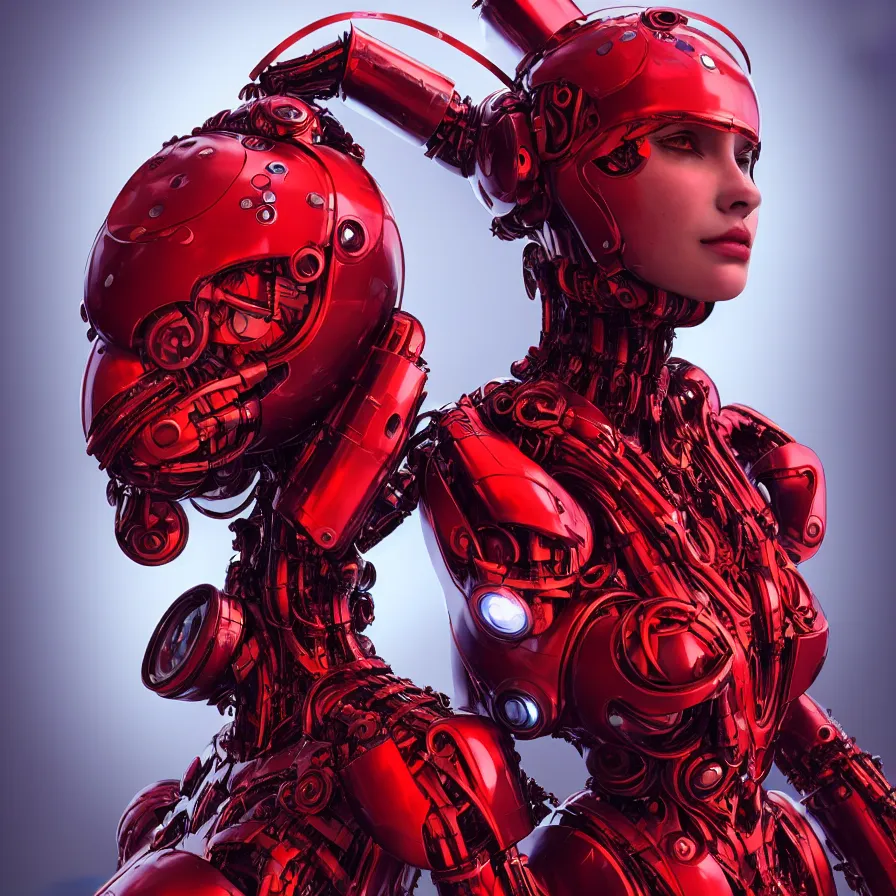 Image similar to portrait, super hero pose, red biomechanical dress, inflateble shapes, wearing epic bionic cyborg implants, masterpiece, intricate, biopunk futuristic wardrobe, highly detailed, art by akira, mike mignola, artstation, concept art, background galaxy, cyberpunk, octane render