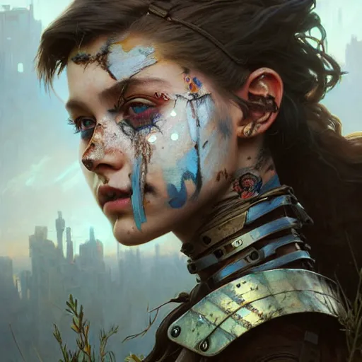 Image similar to portrait painting of a post - apocalyptic teenage girl with warpaint on her face wearing scrap armor, concept art, intricate details, eerie, highly detailed, octane render, 8 k, unreal engine. art by artgerm and greg rutkowski and charlie bowater and magali villeneuve and alphonse mucha