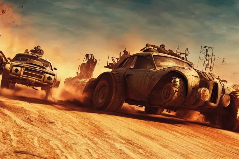 Prompt: mad max fury road film still, racing on a post apocalyptic road, gta 5, fallout 4, mario cart, rocket league, hyper detailed forza, smooth, high contrast, volumetric lighting, octane, george miller, jim lee, vibrant rich deep color, comic book