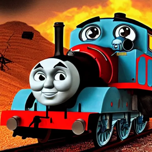 Image similar to thomas the tank engine, mad max fury road, highly detailed, high quality, high resolution