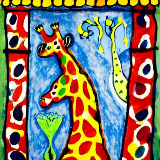 Prompt: a giraffe in the style of a Chagall window