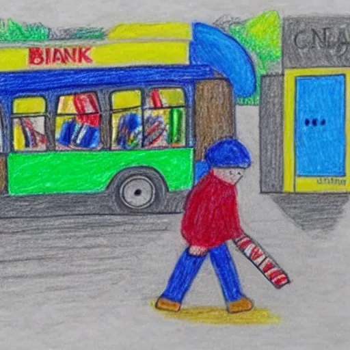 Image similar to a bank robbery drawn by a child, crayons,
