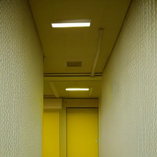 Image similar to empty yellow rooms with yellow fluorescent lights, monotonous wallpaper