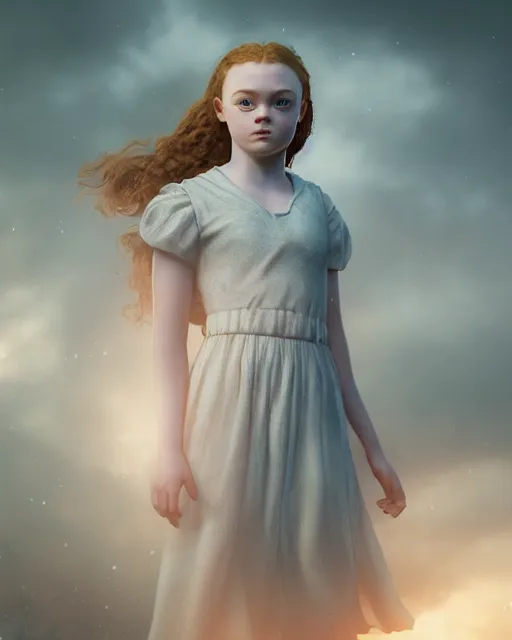 Image similar to Full body potrait of sadie sink as an angel, hyper realistic, prismatic highlights, atmosphere, gorgeous, depth of field, cinematic, macro, concept art, 50mm, artstation, wlop, elegant, epic, weta digital, focus, octane render, v-ray, 8k, kodak portra, art by Liberatore