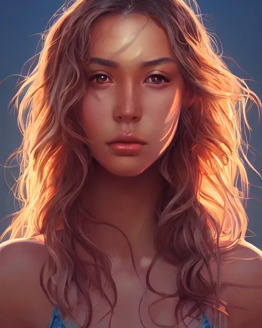 Image similar to summer vibes, beautiful sun tanned goddess portrait, flowy sunkissed hair, sun, summer, cinematic lighting, highly detailed, digital painting, trending on artstation, pixiv, concept art, sharp focus, illustration, art by ross tran and wlop