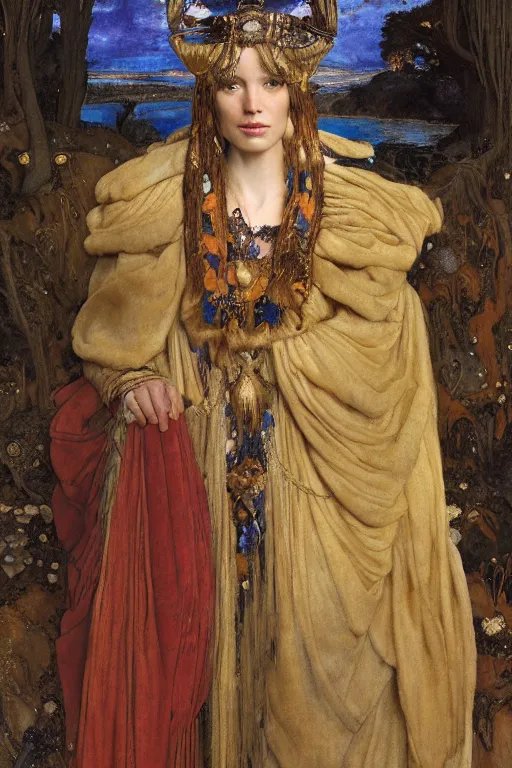 Prompt: coronation portrait of the last queen of the dawn mountains, by Donato Giancola and Annie Swynnerton and John Bauer and John William Godward and Vermeer, embroidered velvet, iridescent beetles, rich color, ornate headdress, flowing robes, lost runes, ancient civilizations, dramatic cinematic lighting, featured on Artstation, cgisociety, unreal engine, extremely detailed