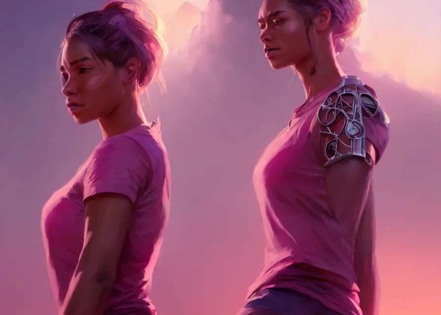 Prompt: an portrait of a beautiful female survivor in a pink t shirt, apocalyptic city backround, shiny skin, flowing tied hair, fine details. night setting. realistic shaded lighting poster by craig mullism, artgerm, jeremy lipkin and michael garmash, unreal engine, radiant light, detailed and intricate environment, digital art, trending on art station,