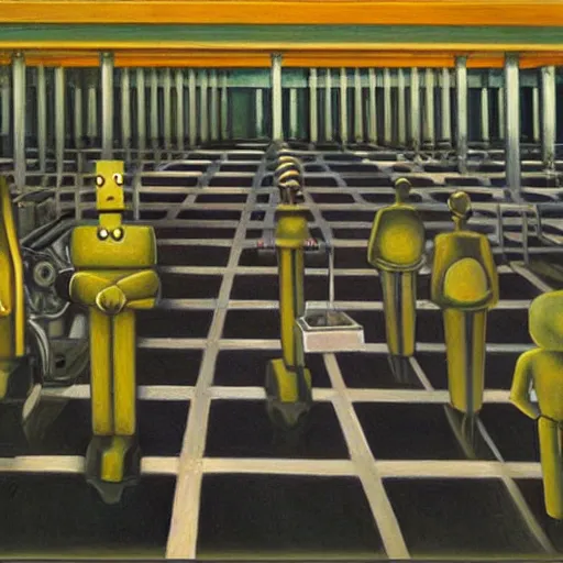 Image similar to robot bishop guards, endless cubicles, end times, grant wood, pj crook, edward hopper, oil on canvas