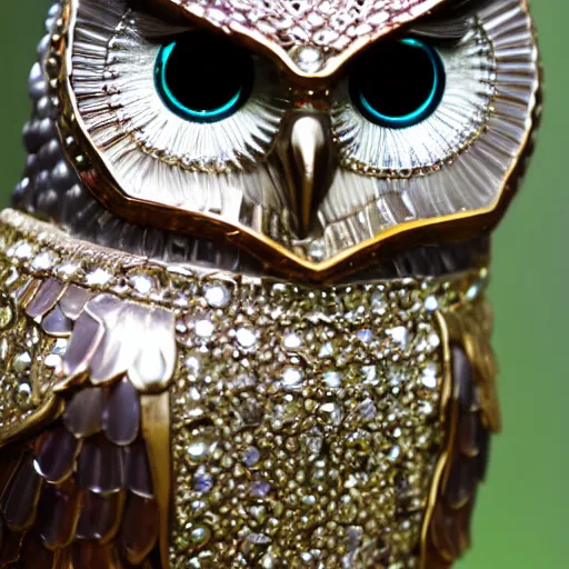 Prompt: bejewelled metal owl, highly detailed, 4k, HDR, smooth, sharp focus, hyper realistic, high resolution