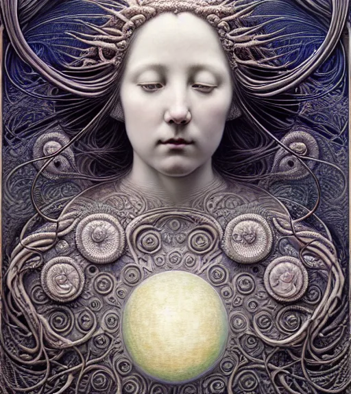 Image similar to detailed realistic beautiful porcelain moon goddess portrait by jean delville, gustave dore, iris van herpen and marco mazzoni, art forms of nature by ernst haeckel, art nouveau, symbolist, visionary, gothic, neo - gothic, pre - raphaelite, fractal lace, intricate alien botanicals, ai biodiversity, surreality, hyperdetailed ultrasharp octane render