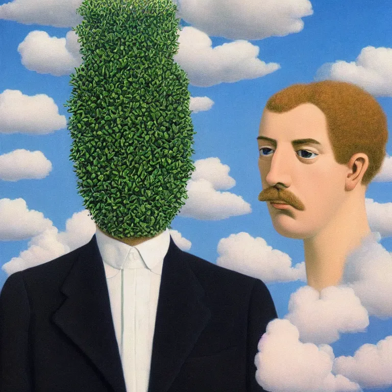 Image similar to portrait of a faceless beautiful flower - head man in a suit, clouds in the background, by rene magritte, detailed painting, distance, middle centered, hd, hq, high resolution, high detail, 4 k, 8 k