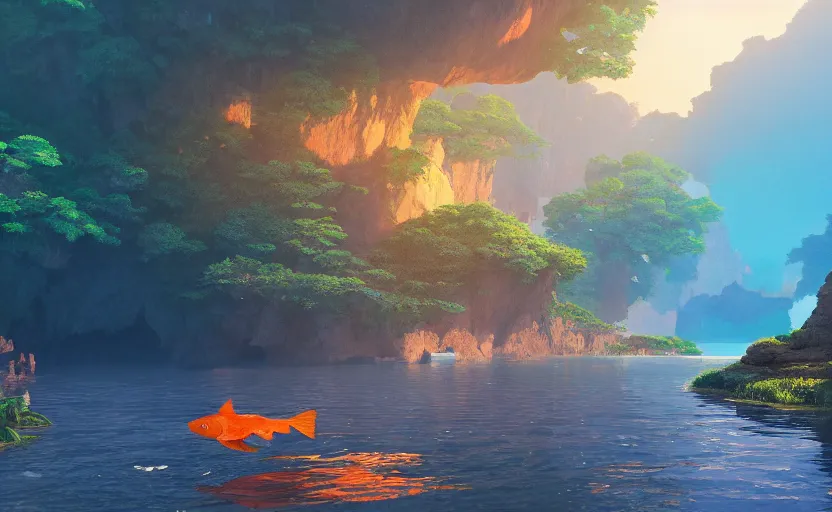 Prompt: a cave lake with some big orange fish inside, studio ghibli, pixar style, octane render, unreal engine 5, path traced, highly detailed, high quality, 8 k, soft lighting, godrays, complementary colors, natural lighting, water parallax, serene landscape, beautiful, elegant, digital painting