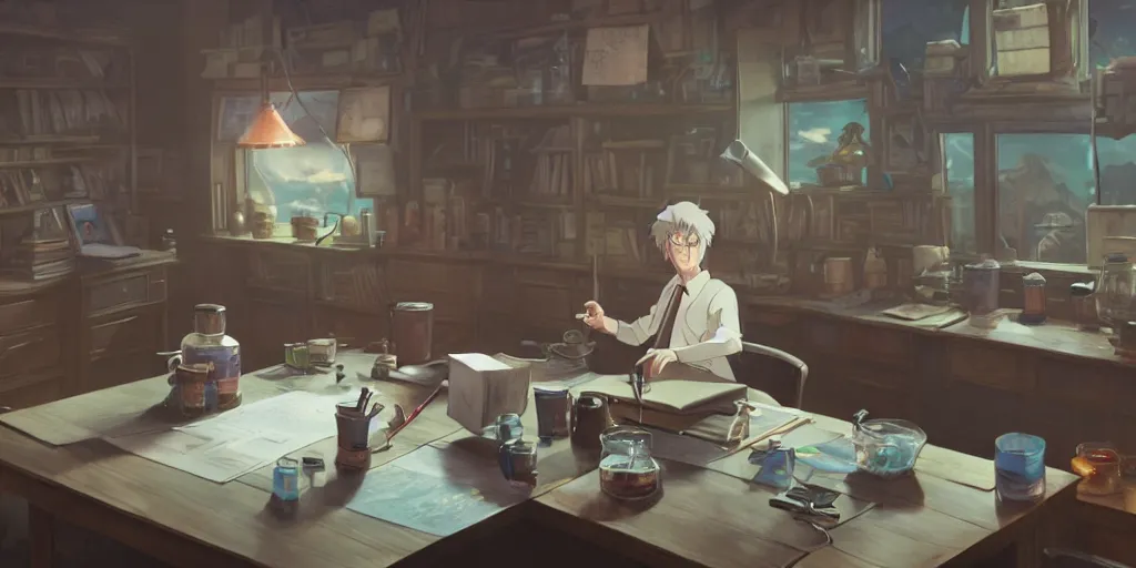 Image similar to a wizard with brown hair is standing at his desk working with jars of liquids, beakers of bubbling potions, coherent, medium shot, waist up, studio ghibli, pixar and disney animation, sharp, rendered in unreal engine 5, anime key art by greg rutkowski, bloom, dramatic lighting