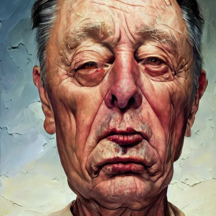 Prompt: hyperrealistic close up studio portrait of aging old Elon Musk age 103 wrinkled sorrowful, oil painting by Ivan Albright and Lucian Freud and Ron Mueck, trending on artstation Studio lighting hyperrealism