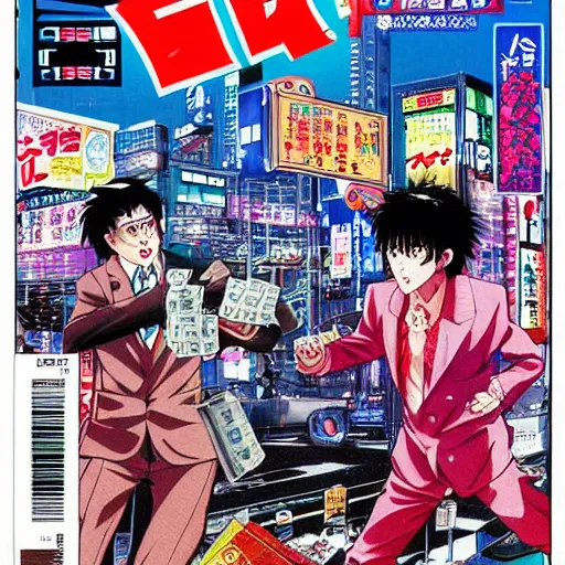 Prompt: 1993 Magazine Cover, Anime Neo-tokyo 4 bank robbers fleeing the scene with bags of money, Police Shootout, Highly Detailed, 8k :4 by Katsuhiro Otomo : 8