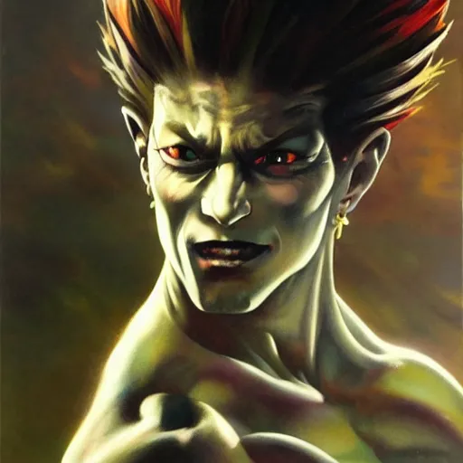 Prompt: ultra realistic painting of hisoka, art by frank frazetta, 4 k, ultra realistic, highly detailed, epic lighting