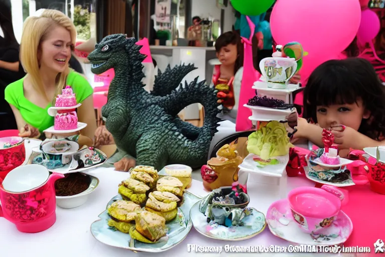 Prompt: Godzilla tea party with Barbie