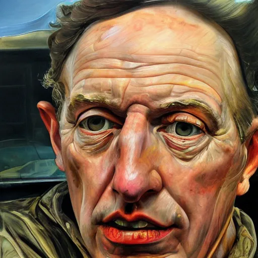 Image similar to high quality high detail painting by lucian freud, hd, truck driver behind the wheel, photorealistic lighting