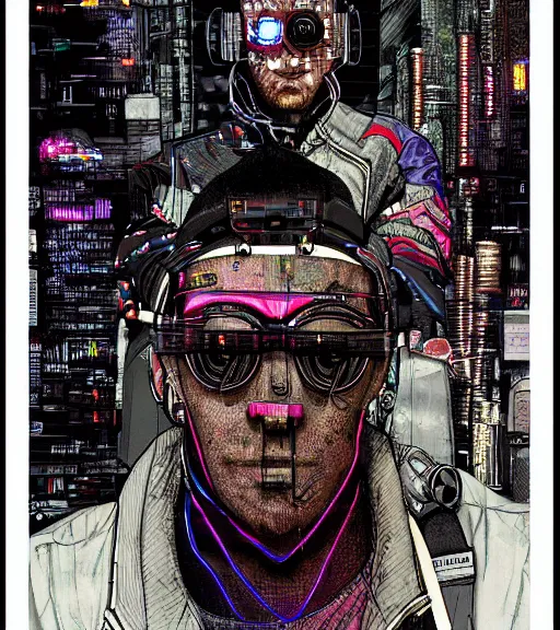 Prompt: a cyberpunk man with a glitching patchwork face of various people, techwear, Industrial Scifi, detailed illustration, character portrait, by Martin Grip and Moebius