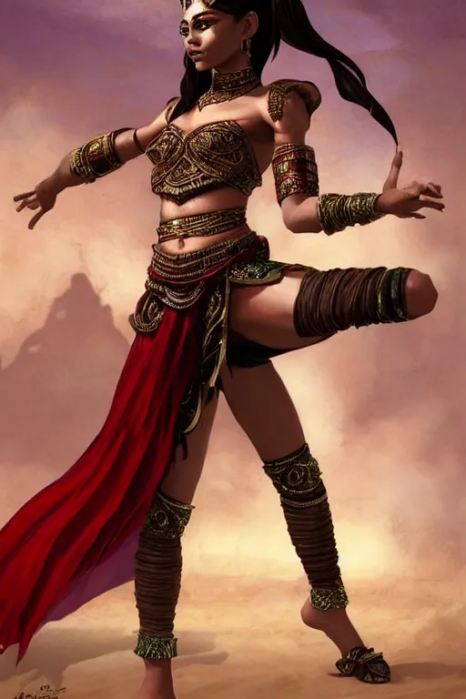 Prompt: Full body Picture of a Battle Dancer, arab inspired, wearing two metallic rings, dark brown skin, light red hair, waist reaching ponytail, crimson attire, exposed midriff, battle, detailed face features, dark green eyes, D&D, by artgerm and Craig Mullins, James Jean, Andrey Ryabovichev, Mark Simonetti and Peter Morbacher, matte painting, trending on artstation, artstationHD, artstationHQ, octane, full HD, 16K, only two legs, realistic