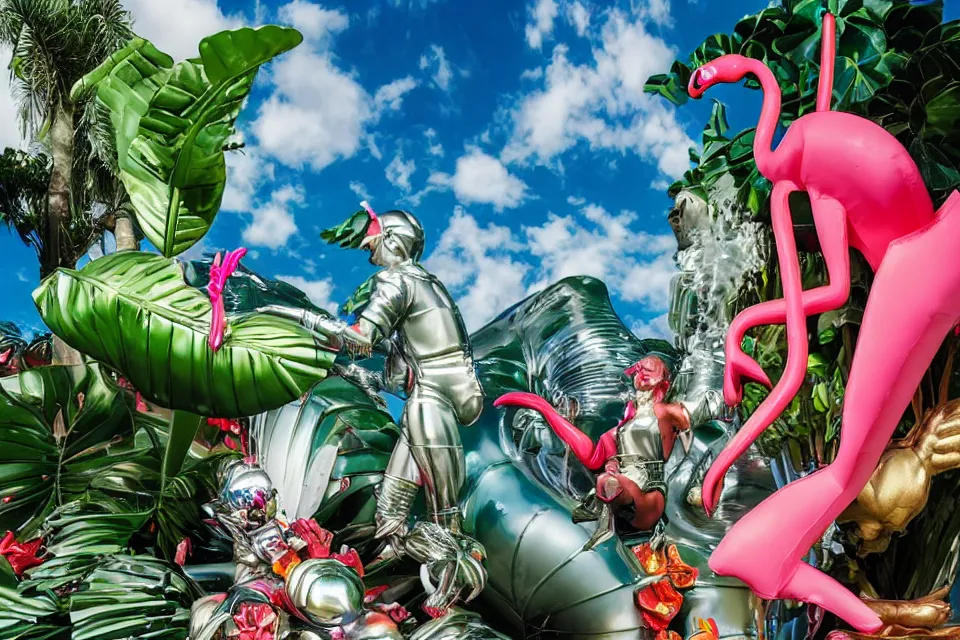 Prompt: an extreme close - up of a statue chrome cyborg lycra nymph battling a giant inflatable flamingo pool float, christmas cactus arnold schwarzenegger and monstera plants, fireworks thick smoke, by jeff koons, hajime soryama, boris vallejo, artgerm, greg rutkowski, alphonse mucha