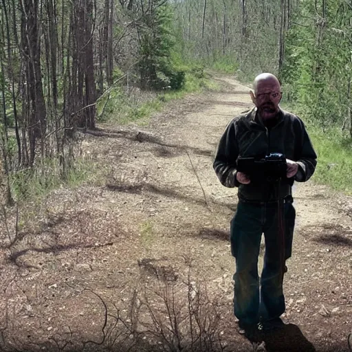 Image similar to walter white trail cam footage, horror, creepy
