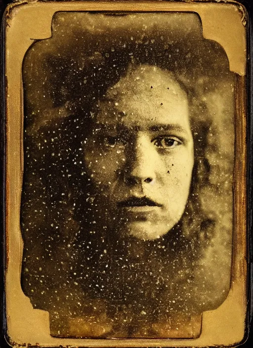 Image similar to old wetplate daguerreotype portrait with crackled skin, explosion of data fragments, fractal, intricate, elegant, highly detailed, parallax, leica, medium format, subsurface scattering, by jheronimus bosch and greg rutkowski and louis jacques mande daguerre