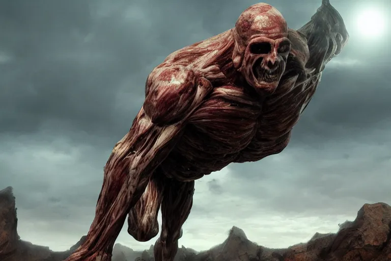 Prompt: a giant horrific titan in the distance, made of flesh and muscles, photograph, picture, photo,