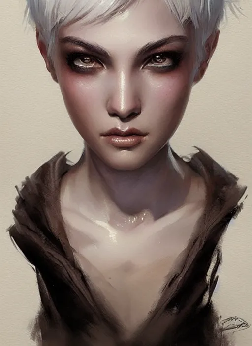 Prompt: girl with short white hair, beautiful highly detailed face, beautiful painting by artgerm and greg rutkowski and raymond swanland