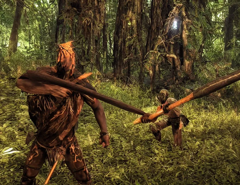 Prompt: a the forest game screenshot wit the tribal enemy in the middle of the screenshot the player is holding a axe ultra realistic