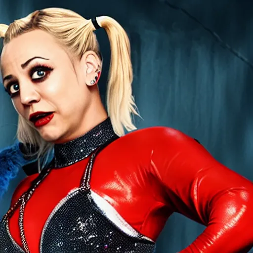 Image similar to A still of Kaley Cuoco as Harley Quinn