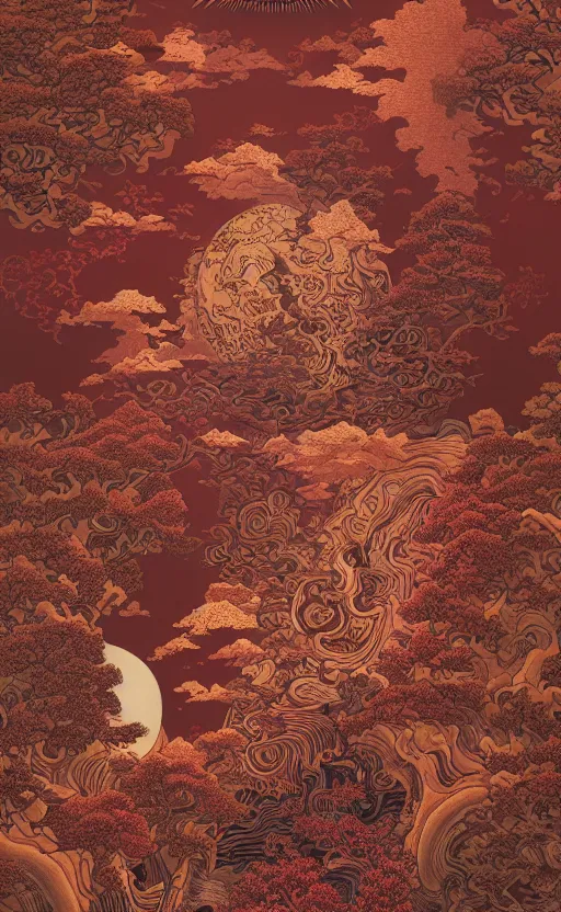 Image similar to masterpiece dark red paper with intricate designs, tarot card, a mandelbulb fractal southeast asian diety statue, full of golden layers, flowers, clouds, vines, mushrooms, swirls, curls, wave by Hokusai and Mike Mignola, trending on artstation, elaborate illustration, beautiful hands close to a candle in dark room, cinematic, powerful, moon beams dramatic light, highly, intricate elements, detailed, digital painting, artstation, concept art, sharp focus, illustration, art by artgerm