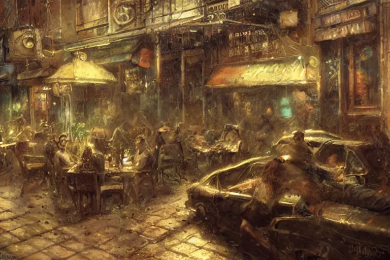 Image similar to An empty jazz cafe, moody scene, highly detailed, intricate, sharp details, dystopian mood, 1950 scene by gaston bussiere, craig mullins, somber lighting, drawn by Giacomo Burattini, inspired by graphic novel cover art