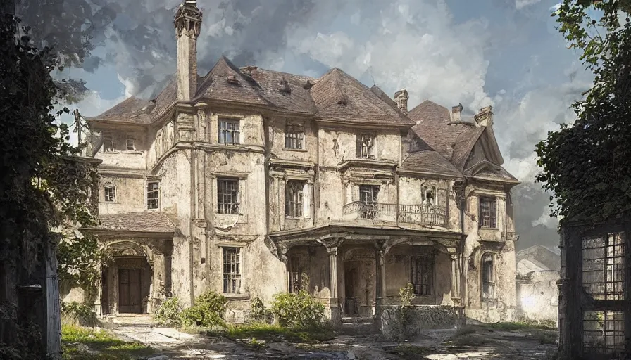 Prompt: portrait of a georgian manor house on a street, courtyard, highly detailed, architecture, blue sky, cinematic lighting, godrays, volumetric, digital art painting by greg rutkowski