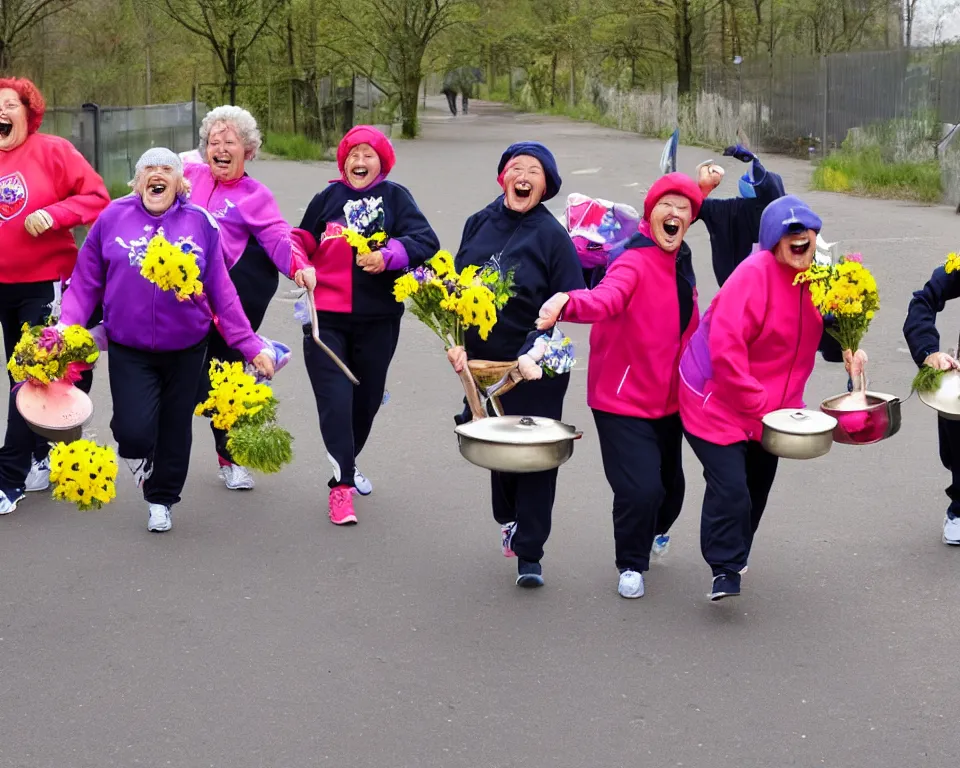Prompt: a gang of old ladies frying pans, and carrying flowers, and wearing Umbro track suits laughing maniacally and screaming