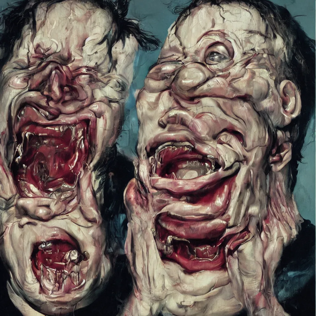 Image similar to oil painting by francis bacon and jenny saville portrait of todd solondz laughing, extremely bizarre disturbing, intense chiaroscuro lighting perfect composition masterpiece intense emotion