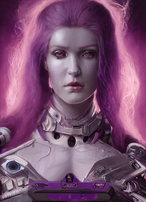 Image similar to a hyper detailed face portrait of a pale woman with purple hair in sci - fi cybernetic armor, diablo 4 lilith, sideshow figurines, by tom bagshaw, artgerm, dorian cleavenger, greg rutkowski, wlop, astri lohne, zdzisław beksinski trending on artstation