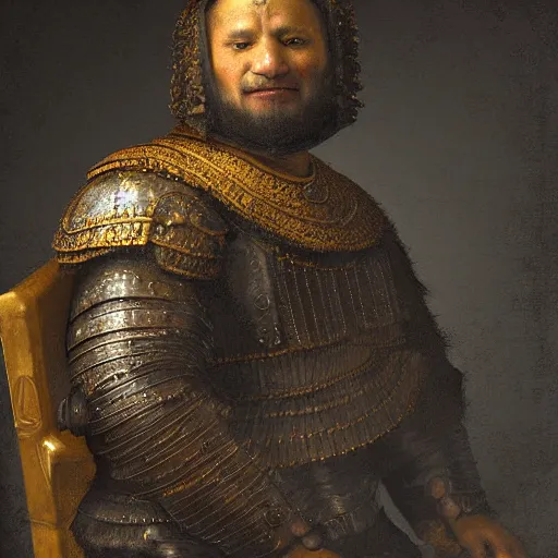 Prompt: a burly black bear in full roman armor sitting on a throne, rembrandt lighting, art station, digital art, highly detailed