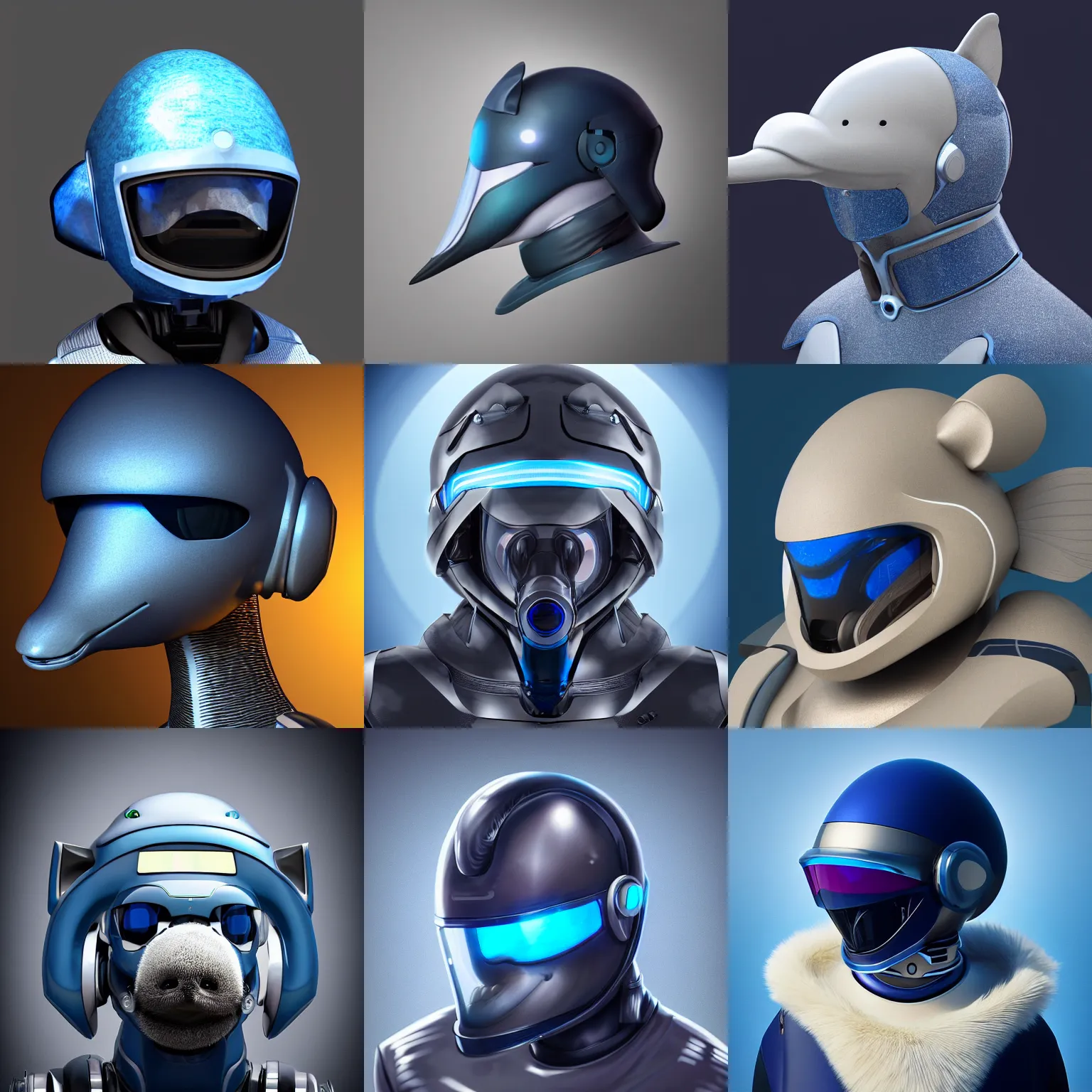 Prompt: very very beautiful furry art, bust profile picture of a male robotic anthro bottlenose dolphin, face covered by opaque visor, truncated snout under visor, smooth rounded shapes, all dark blue metal, commission on furaffinity, cgsociety, octane render