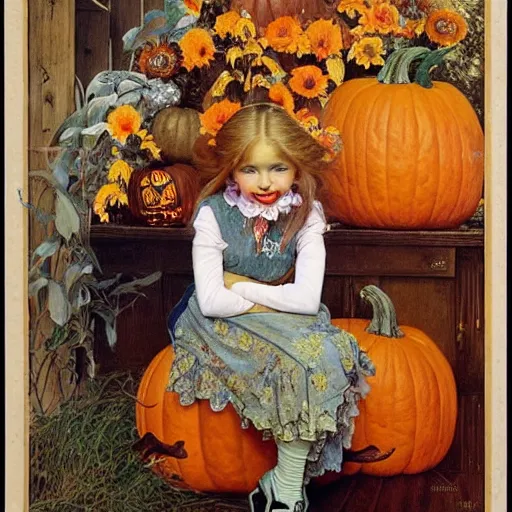 Image similar to a happy little girl with long straight golden blonde hair sitting amidst halloween decor, skulls and pumpkins. beautiful highly detailed face, beautiful painting by alphonse mucha and norman rockwell