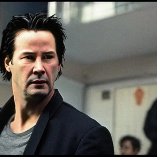 Prompt: “Keanu Reeves in fight club movie, Extremely detailed. 8k, vas, old movie”