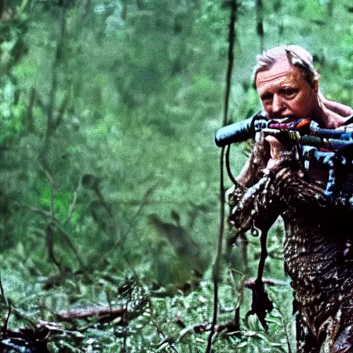 Image similar to cinematic still of sir david attenborough, covered in mud and watching a magnificent predator in the distance with a binocular in 1 9 8 7 movie predator hd, 4 k